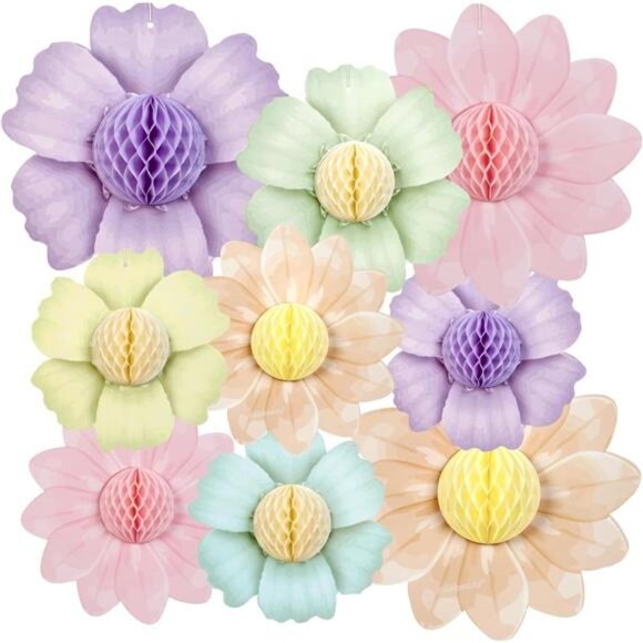 Pastel Rainbow Party Decorations 9 PCS Paper Flowers Honeycomb Birthday Wedding - Picture 1 of 7